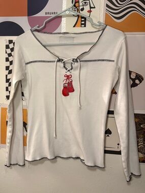 Everlast White Lace-Up Long Sleeve Top with Red Boxing Glove Detail